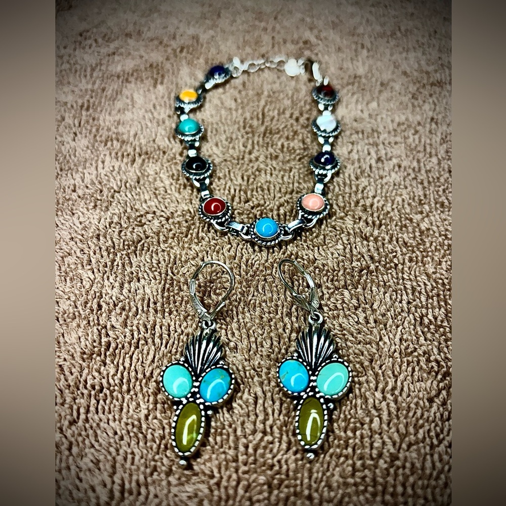 Relios & Q.T. 925 Sterling Silver Multicolor Bracelet & Earring Set item#0043